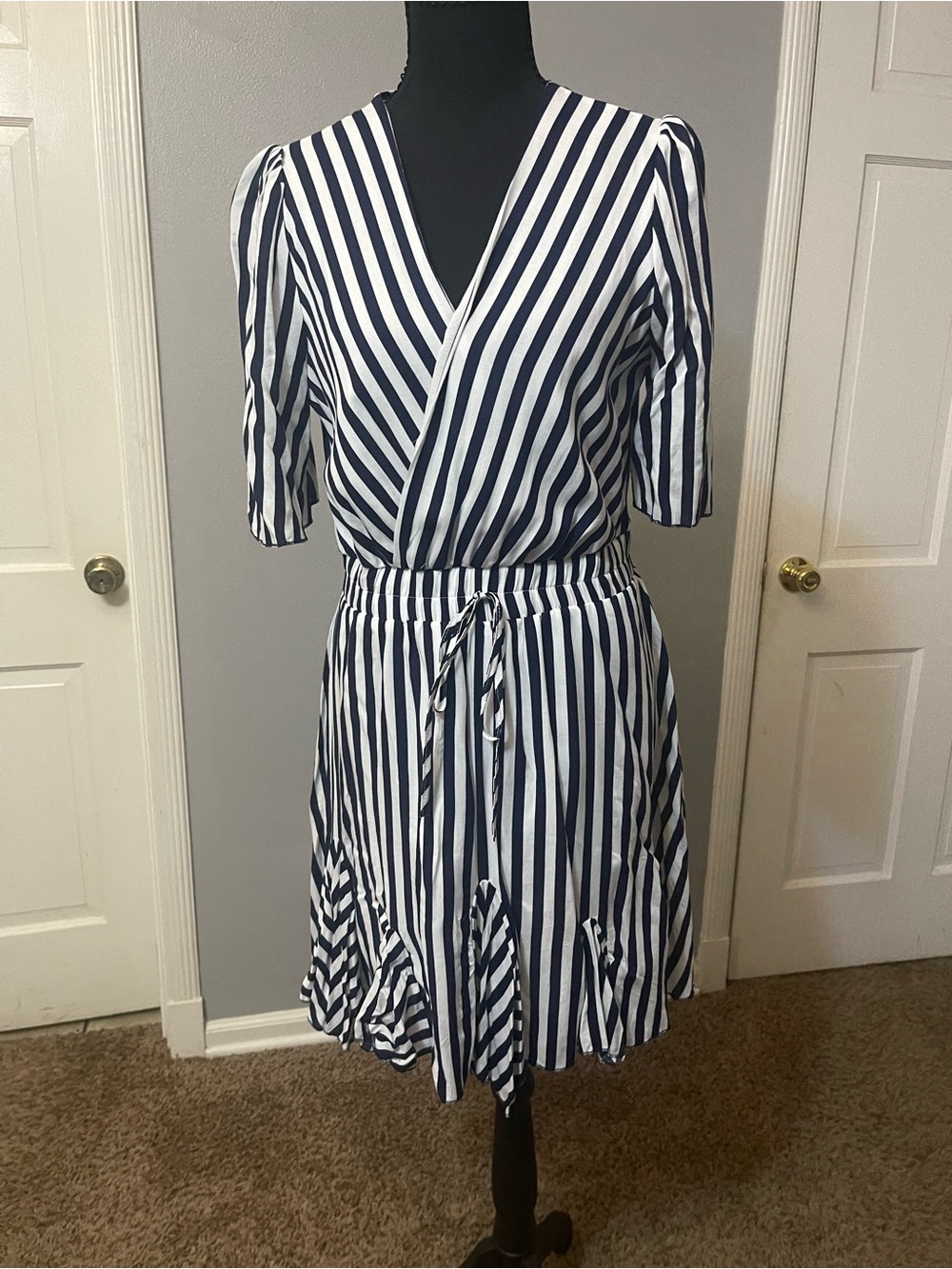 Navy blue and white striped v neck dress